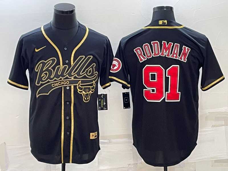 Men%27s Chicago Bulls #91 Dennis Rodman Black Gold With Patch Cool Base Stitched Baseball Jersey